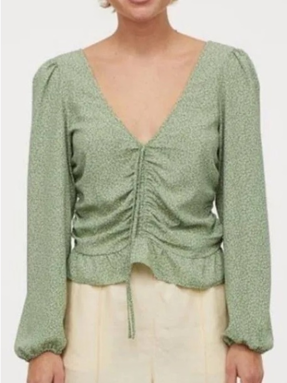 H&M green ditzy floral puff sleeve blouse with cinched in waist